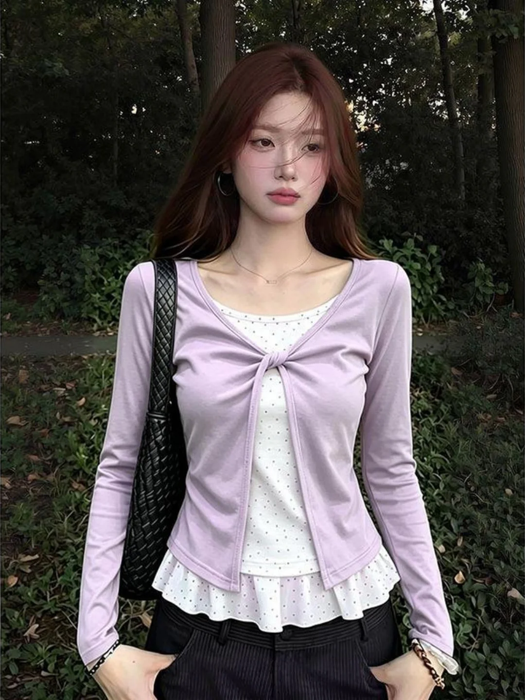 Korean Style Knot Long Sleeve T-Shirt Women Early Autumn New Design Sensation Small Crowd Polka Dot Lace Inner Wear Top