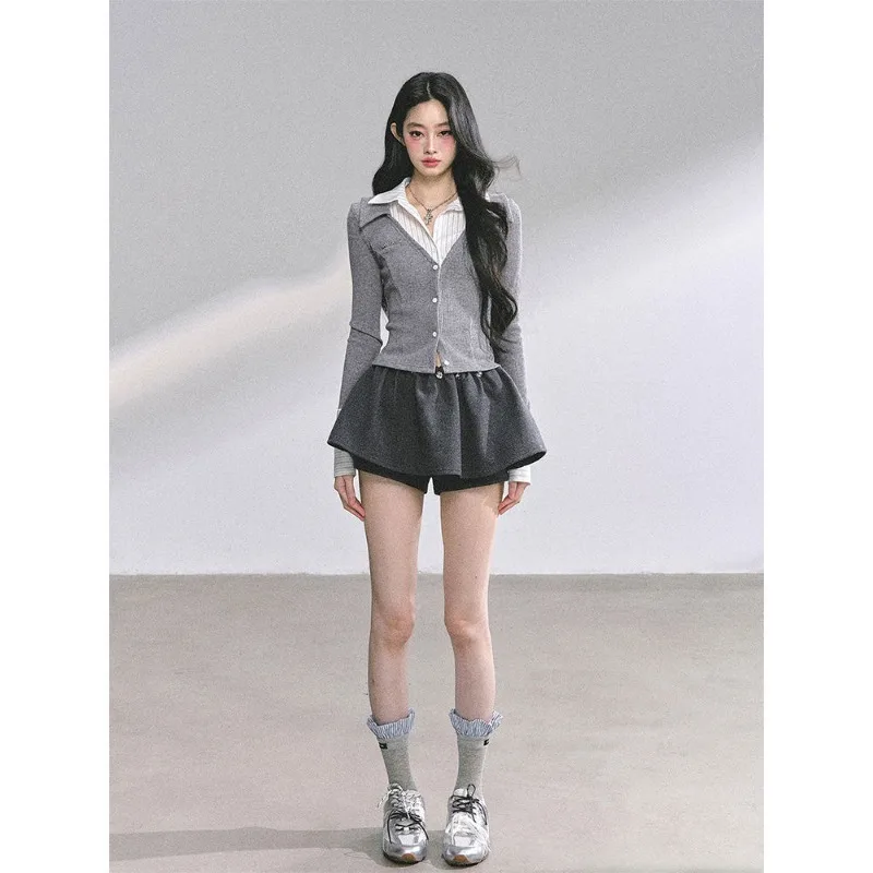 

Fake Two-piece American Long-sleeved Striped T-shirt for Women Autumn New Slim Top Knitted Polo Shirt