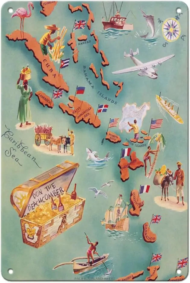 Map of Caribbean Islands - Don the Beachcomber Tiki Bar and Restaurant - Vintage Pictorial Map c.1940s - 8 x 12 inch Vintag sign