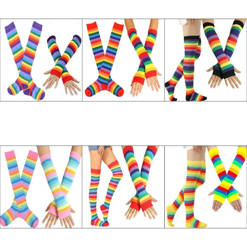 

Colorful Rainbow Stockings Thigh Over Knee Dance Socks Striped Arm Warmer Gloves Christmas Gifts Cosplay Costume