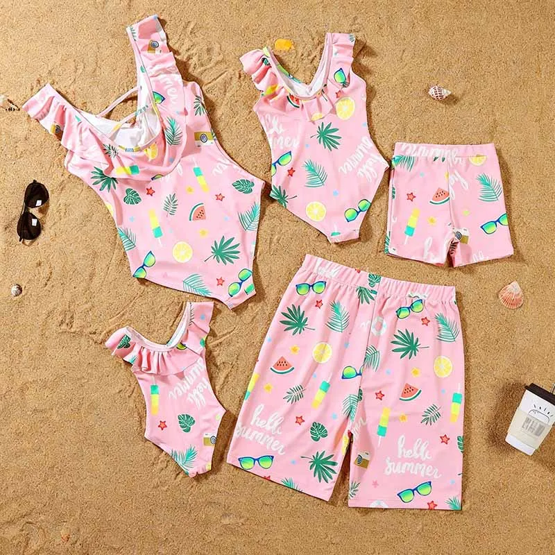 Family Matching Swimsuits Suits Mom Girl Cute One-piece Bikini Father Son Print Swim Short Mother Daughter Sea Fashion Set