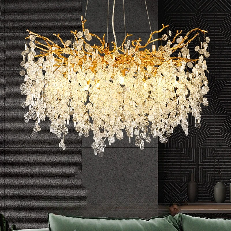 

Modern LED Crystal Chandeliers Gold Money Tree Branch Pendant Lighting Round Ceiling Light Fixtures For Living Room Bedroom