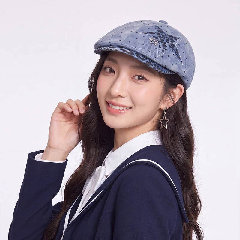 Vintage Y2K Denim Newsboy Cap Women American Retro Leopard Patchwork Star Flat Cap Harajuku Streetwear Beret Duckbill Ivy Hat