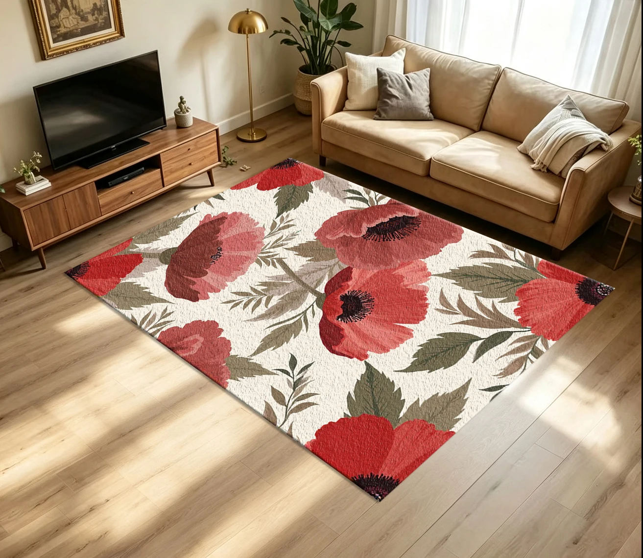 Vintage Red Poppy Floral Carpet Flooring Retro Botanical Poppy Flower Leaf Illustration Art Pattern Printed Floor Rug for Household Indoor Rustic Style Home Decoration