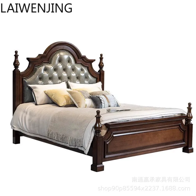 

HLZ solid wood double bed master bedroom soft bed European Roman column walnut bed