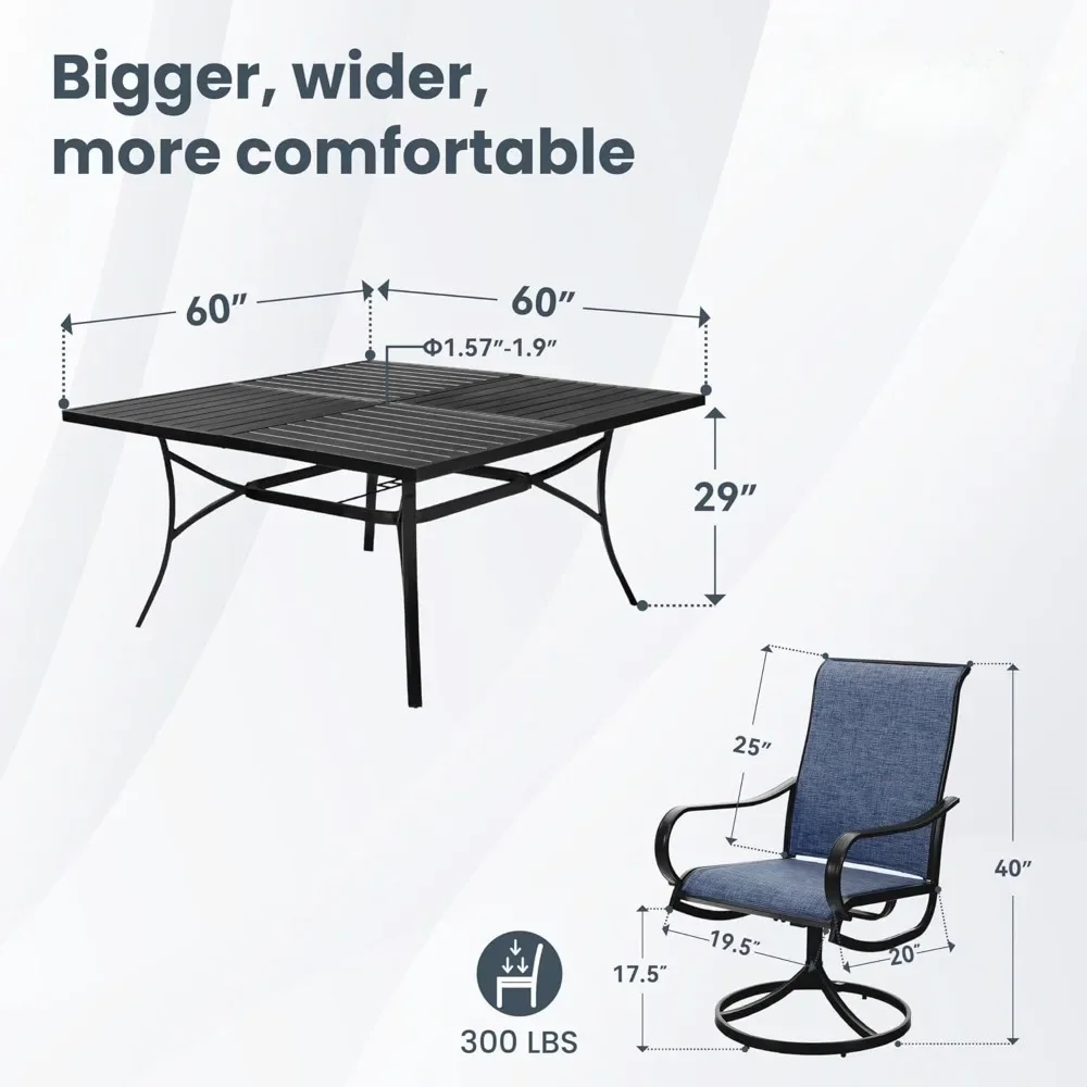 Outdoor Dining Set, Large Square Metal Table and 8 Outdoor Swivel Chairs, Comfortable, Breathable, Easy-to Clean, Outdoor Tables