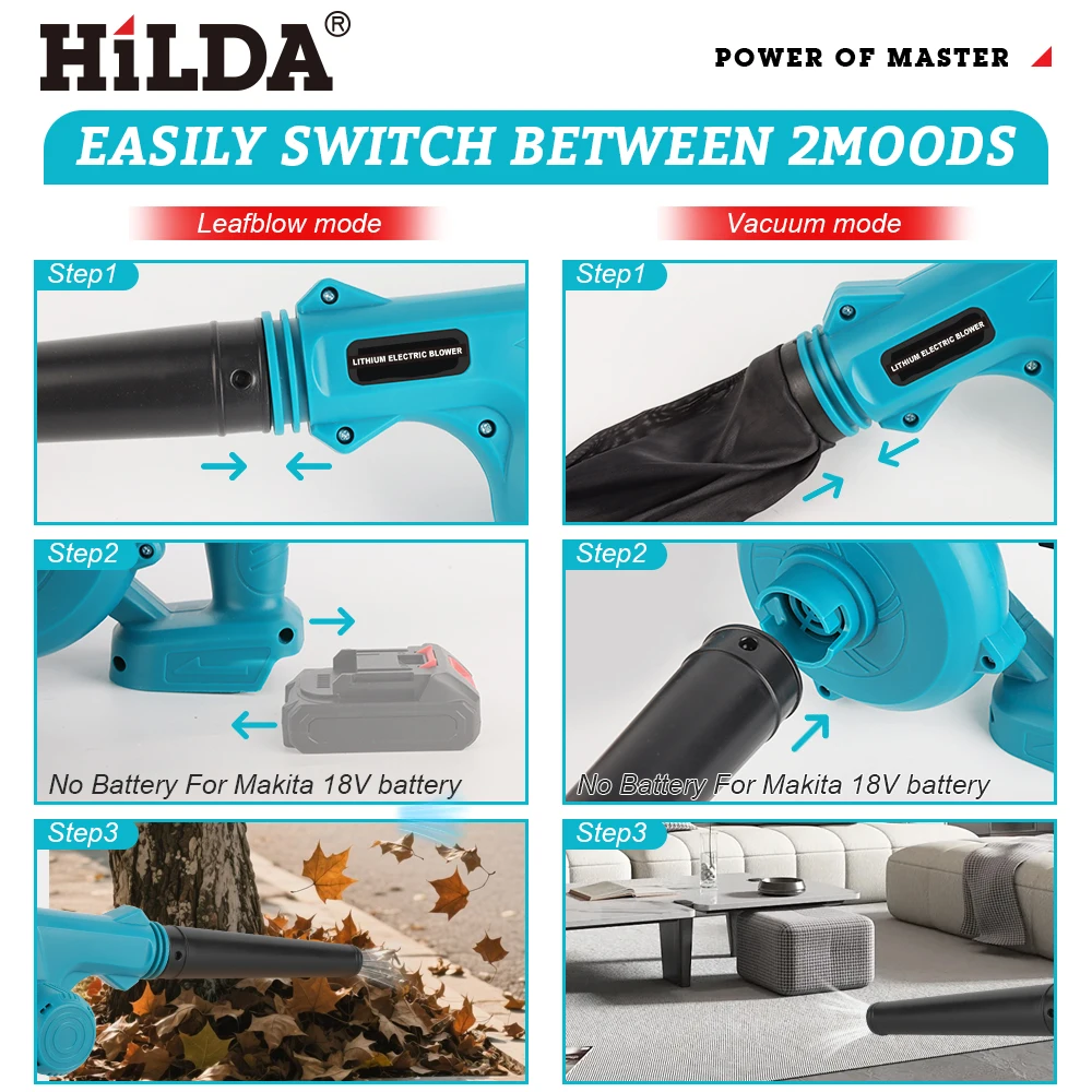 هيلدا اللاسلكي منفاخ الهواء الكهربائي 2 في 1 منفاخ الهواء يده ورقة الكمبيوتر مجمع الغبار الأنظف لماكيتا 18 فولت بطارية منفاخ