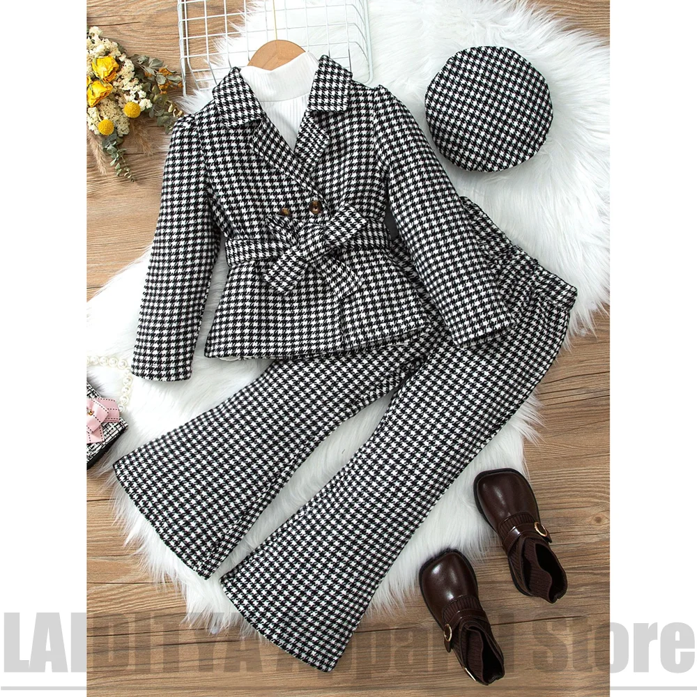Chic Girls Houndstooth Blazer Flare Pants Suit Double Breasted Kids Bow Belt Formal Daily Wear Birthday Party Outfit 2 Piece