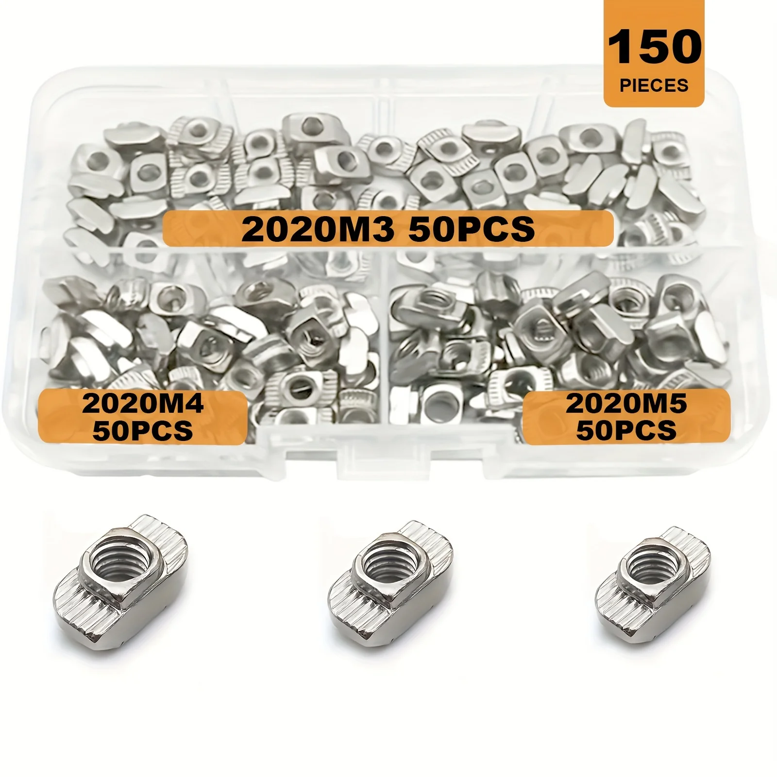 2020 시리즈 T 너트: M3 M4 M5 해머 헤드 패스너 너트 키트, 20 시리즈 알루미늄 프로파일-니켈 도금 탄소강, 150 개