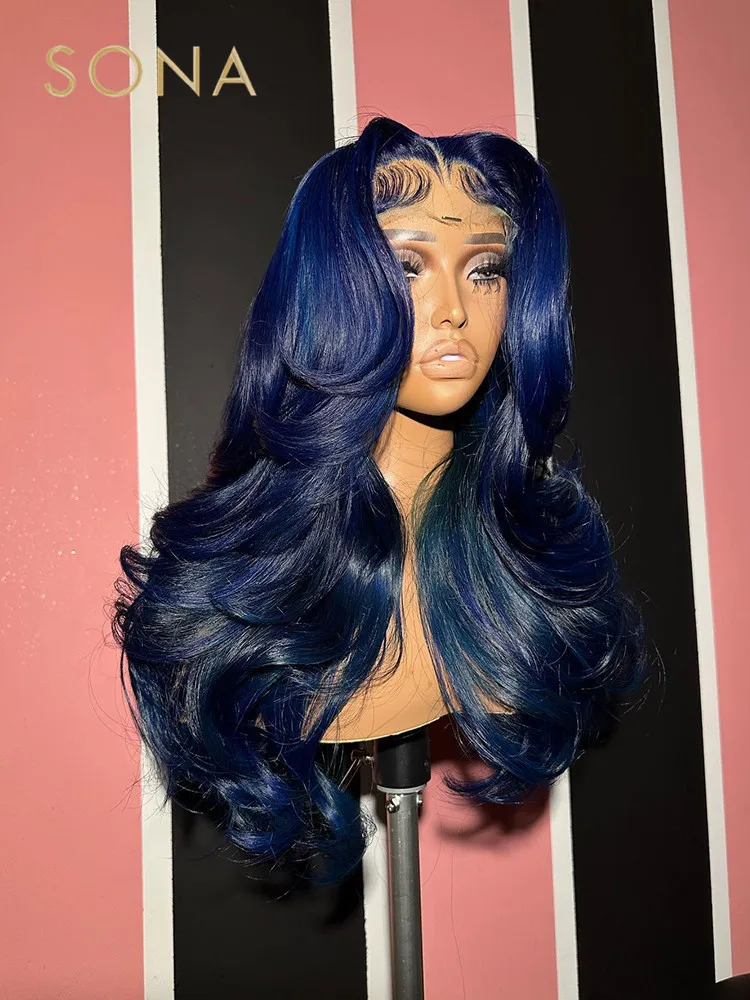 Navy Blue 13x6 HD Transparent Lace Frontal Wig Pre Plucked Blue Lace Front Colored Body Wave Human Hair WIgs