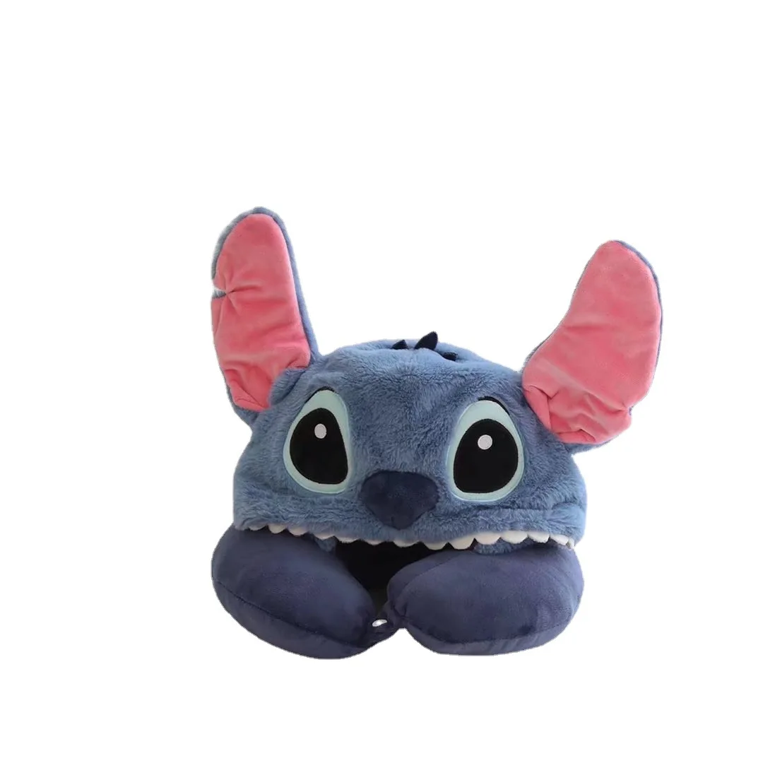 Cartoon Lilo Stitch U-förmiges Nackenkissen mit Kapuze, Reise-Blackout-Kissen, Augenmaske, Büro, Weihnachtsgeschenk, Junge mit Hut, tragbar