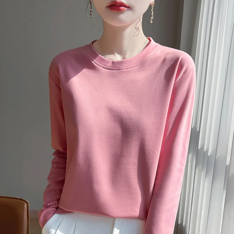 

Spring And Summer New Leisure High-End Cotton Long-Sleeved T-shirt Feminine Bottoming Shirt Loose Mercerized Cotton Top