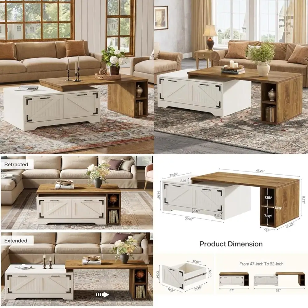 

Большой выдвижной прямоугольный журнальный столик в фермерском доме с местом для хранения вещей для гостиной, 47,24 дюйма