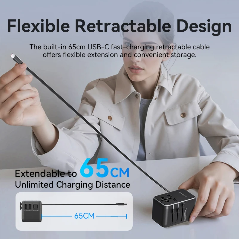 Универсальный дорожный адаптер GaN Vention 35 Вт с USB и типом C, международный адаптер для быстрой зарядки, вилка стандарта ЕС/Великобритании/США/Австралии для путешествий