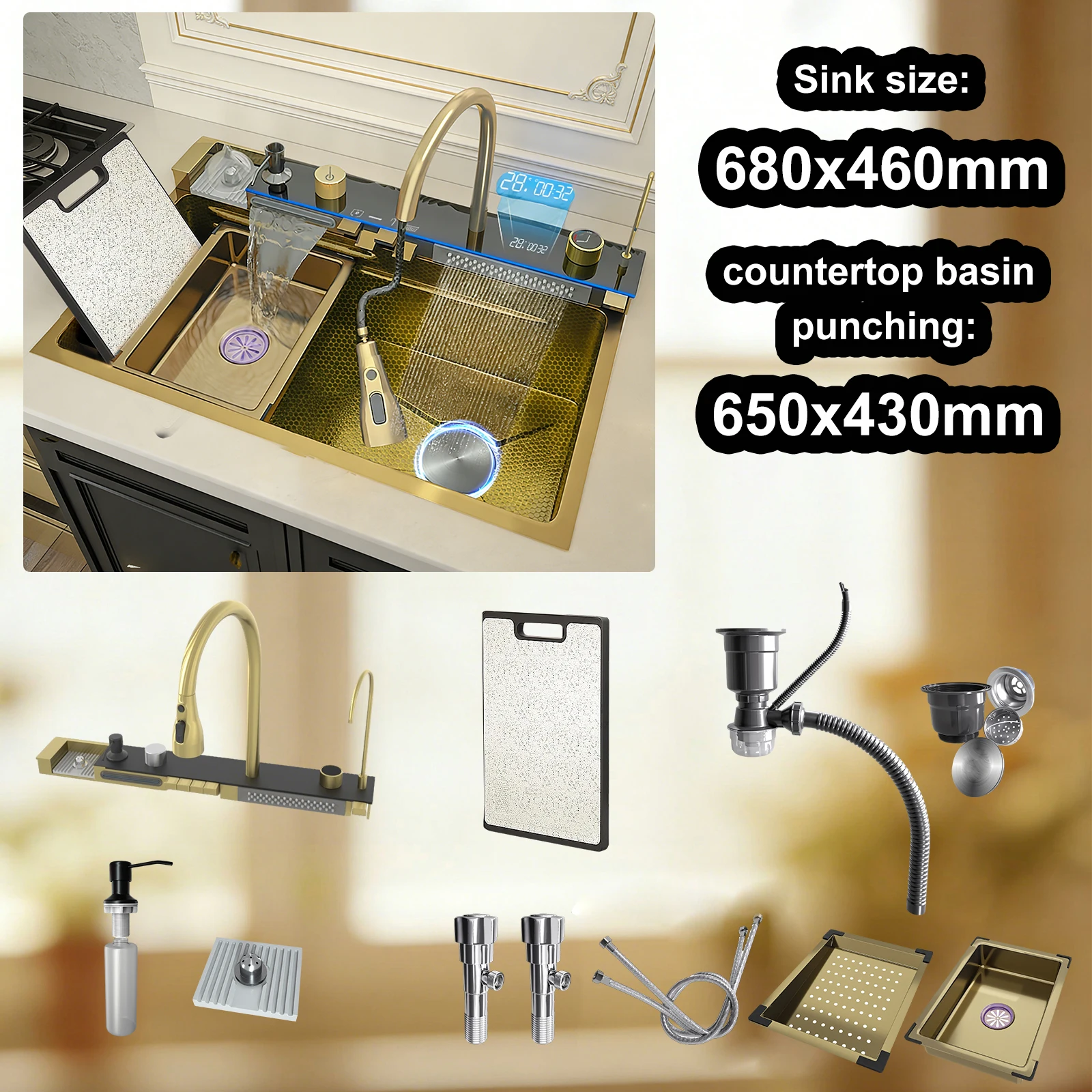 Multifunctionele keukenkranen Nieuwe RVS watervalkeukenkraan Geëmbosseerd digitaal display Grote enkele spoelbak EU magazijn