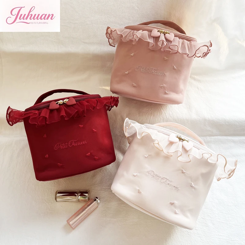 

Kawaii Japanese Mesh Love Embroidery Lace Portable Square Bucket Bags Women Lolita Sweet Cosmetics Storage Bag Cosmetic Bags