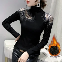 2024 Fall Winter Clothes Cotton T-Shirt Sexy Hollow Out Thickened With Fleece Shiny Diamonds Women Tops Long Sleeve Tees 312002