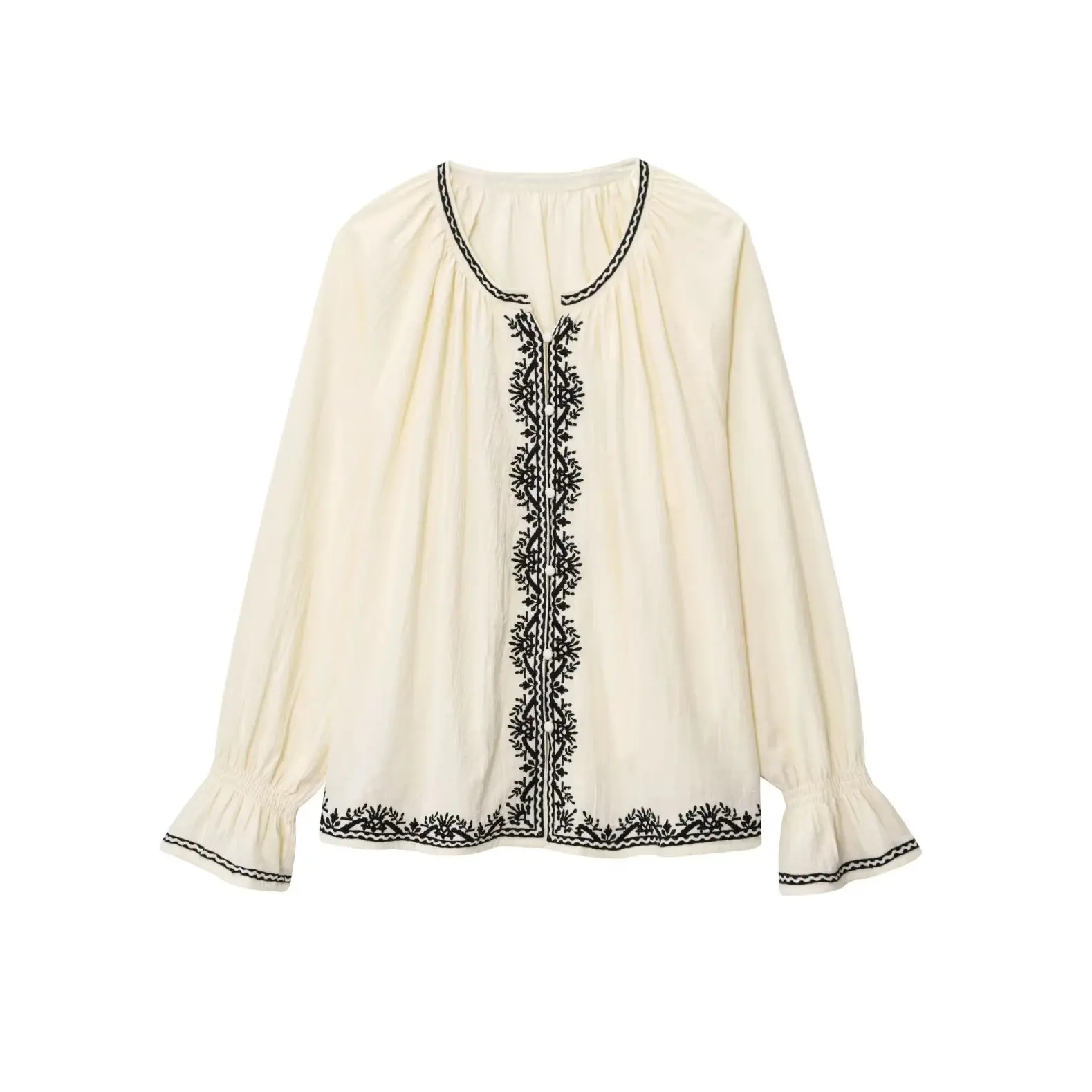 

KONDALA винтажная повседневная летняя женская рубашка 2025 года, однобортная блузка контрастного цвета с вышивкой, модные женские уличные рубашки