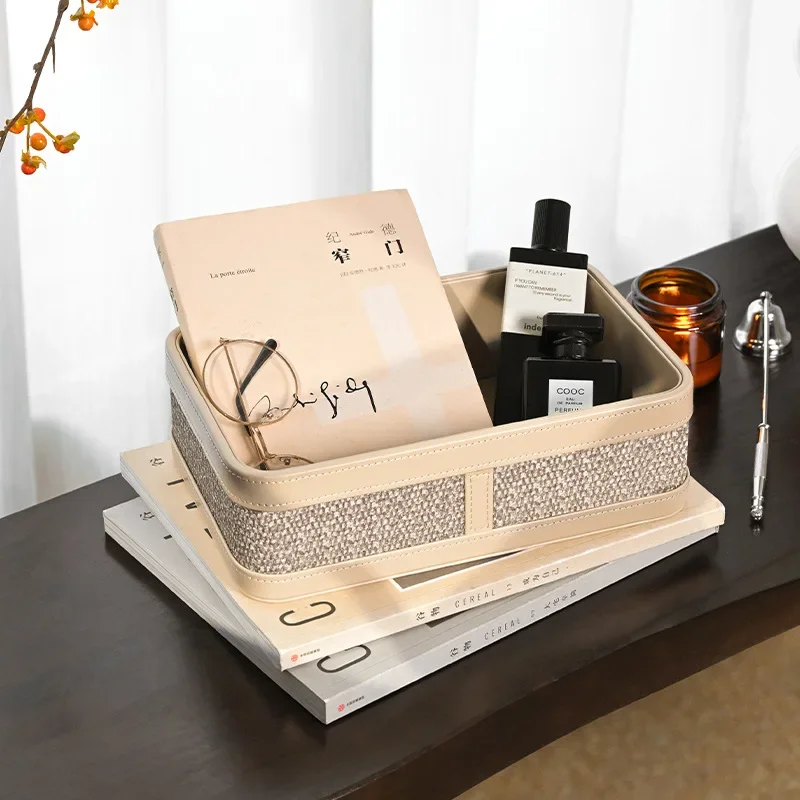 Rattan Woven Storage Basket PU Leather Edge Multifunctional Vintage Sundries Cosmetic Desktop Organizer Bedroom Home Decor