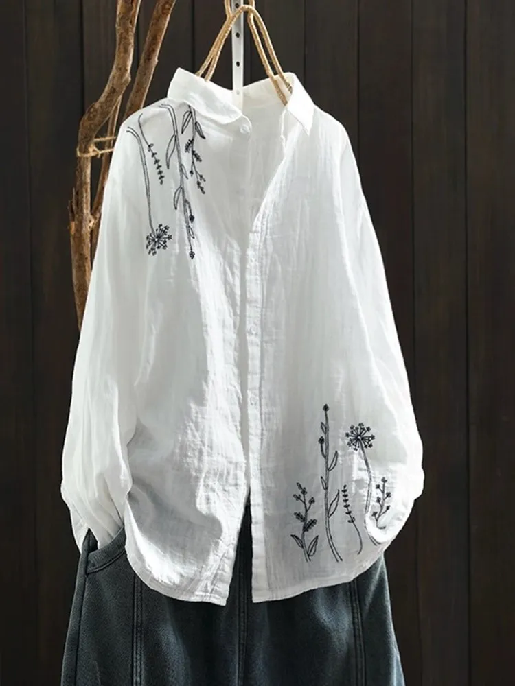 

Ретро-рубашка из хлопка и льна с длинным рукавом и вышивкой, женская, свободного кроя, универсальная, базовая, осенняя новинка, для повседневной носки