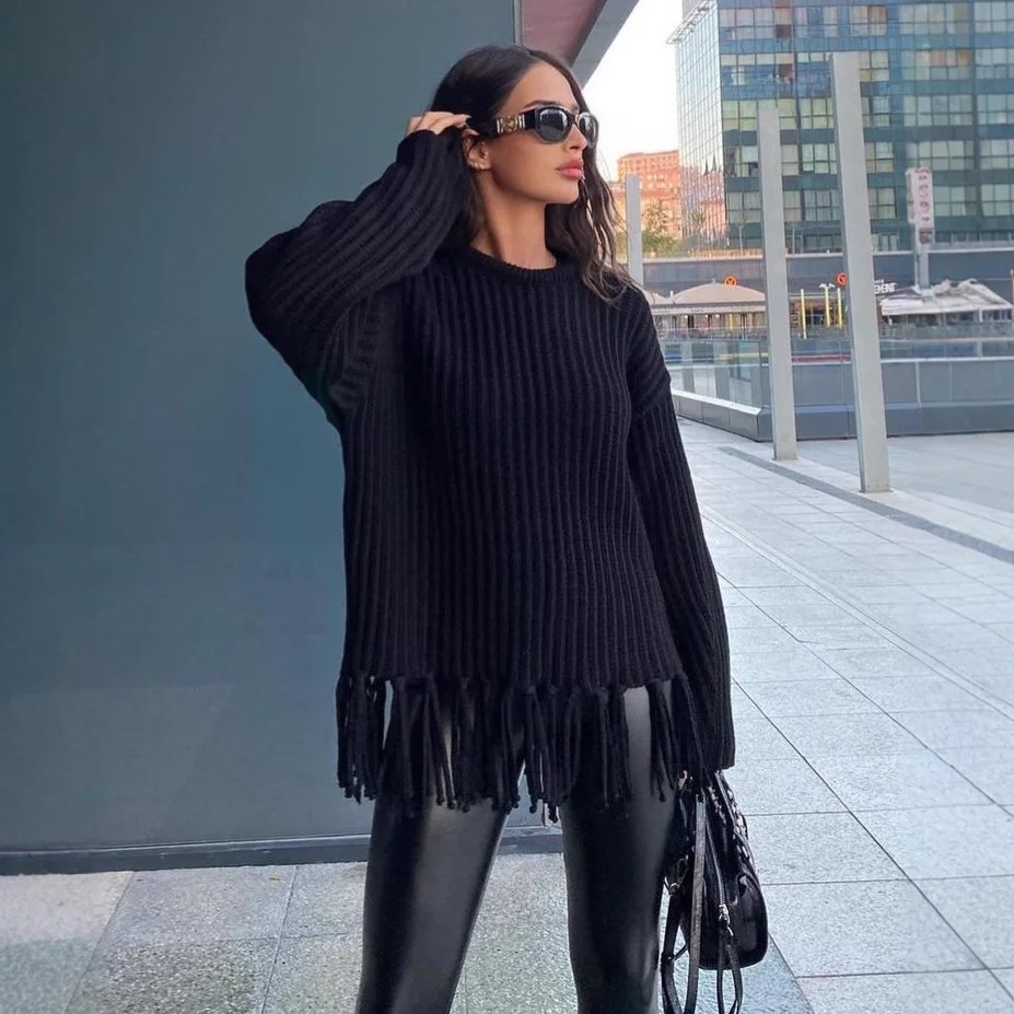 Women Fringe Sweater Fall Winter Thick Loose Casual Solid Color Long Sleeve Knitted Top