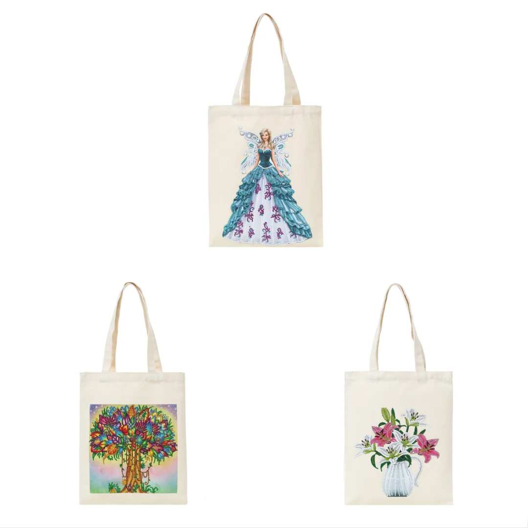 1 juego de arte de pintura de diamante DIY con patrones florales, belleza y árboles, bolsas de compras y bolsas de lienzo de arte de diamantes de cristal