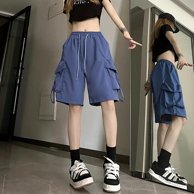 Gidyq Women High Waist Cargo Shorts American Style Streetwear Summer Wide Leg Pants Fashion Female Big Pocket Loose Shorts New