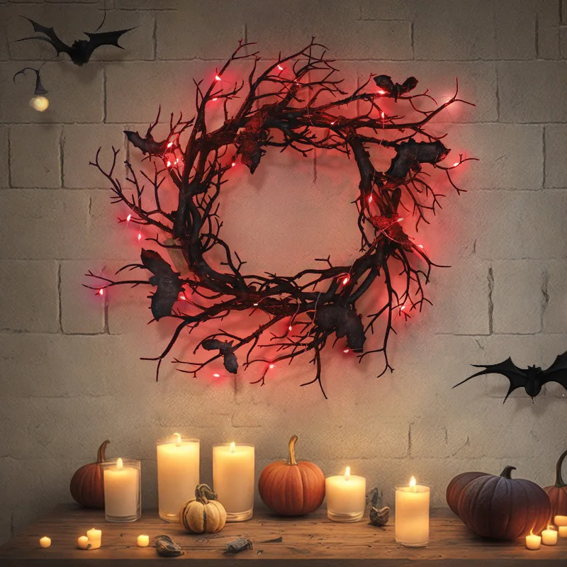 42CM Halloween Wreath Bat Black Branch Wreaths With Red LED Light Doors Window Flower Garland Halloween Decoration