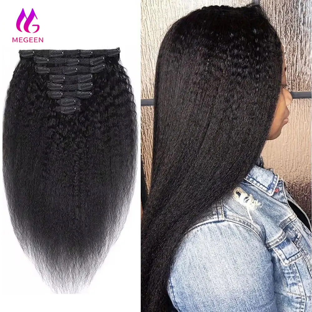 

Megeen курчавые прямые накладные человеческие волосы 120 г 8 шт./комплект бразильские накладные прямые накладные волосы Yaki Remy двойные We