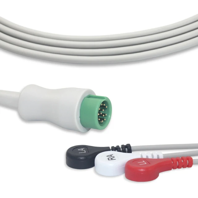 10pcs Medical Fixed Integrated ECG Cable Leads 3 Leads 12 Pins AHA Snap Compatible
