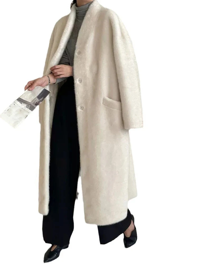 LANMREM Casual Imitation Mink Coat For Women Stand Collar Single Breatsed Solid Color Pockets Design Coats 2024 Winter New Z2627