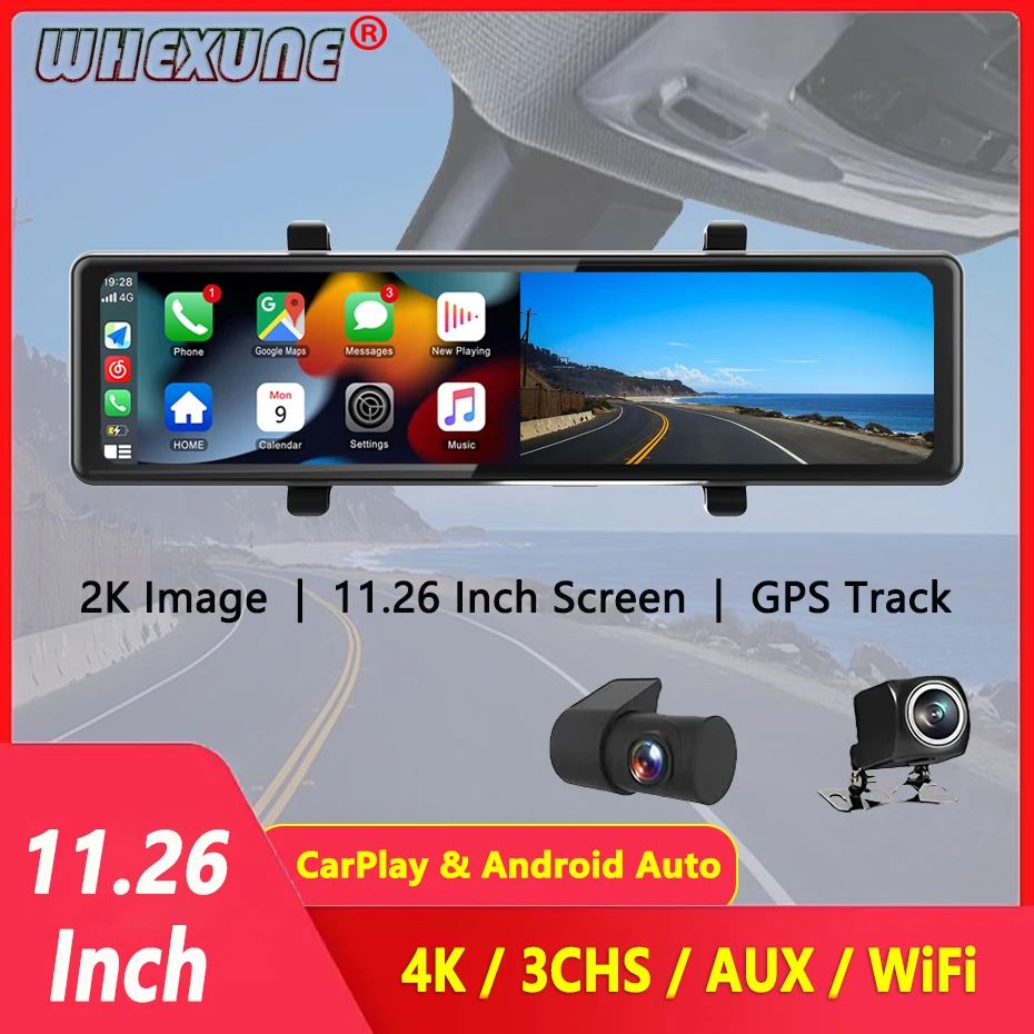 2.5K Dual Lens 11.26 Inch Carplay & Android Auto Wireless 1440P Wifi Dash Cam Rearview Mirror Car DVR GPS Tracker Video Recorder