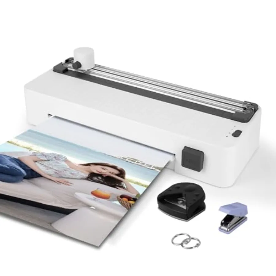 

9-дюймовый ламинатор формата А4 с двойной регулировкой температуры, встроенным резаком для бумаги, закруглителем углов и дыроколом, идеально подходит для документов.