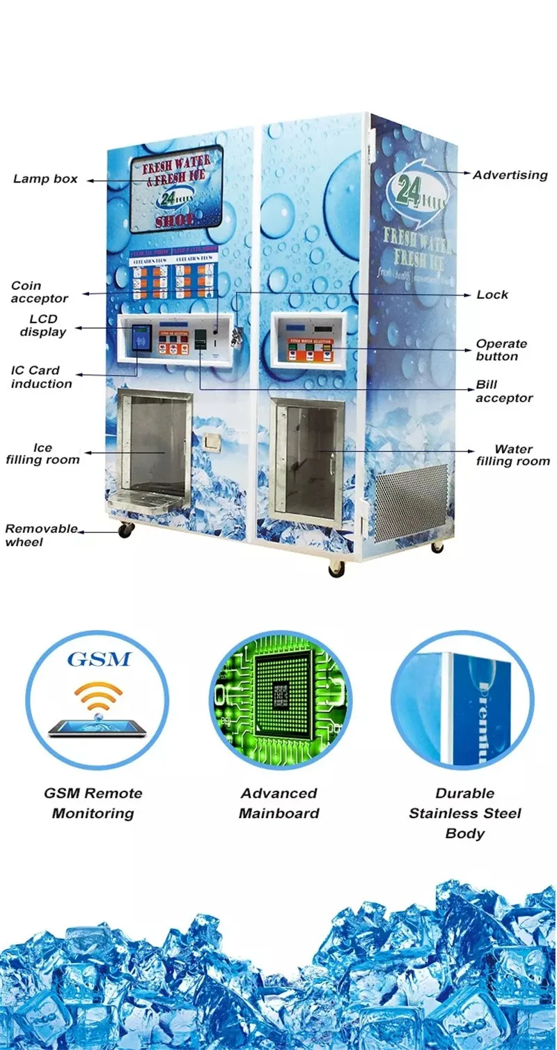 450kg/dzień OEM 24 godzin automatyczne karta elektroniczna czystego lodu automat do sprzedaży wody z System RO filtr żywność komercyjna i napojów