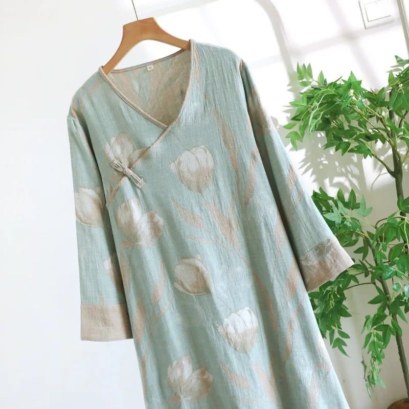 Chinese-style Yarn-dyed Pure Cotton Nightgown Women's Thin Gauze Loungewear Autumn Retro Long-sleeved V-neck Loose Sleep Dress