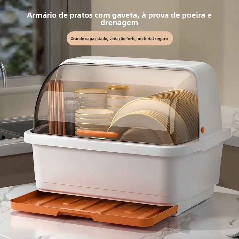 Caixa Organizadora de Cozinha com Tampa para Tigelas e Talheres, Escorredor de Louça e Pratos, Recipiente de Preservação