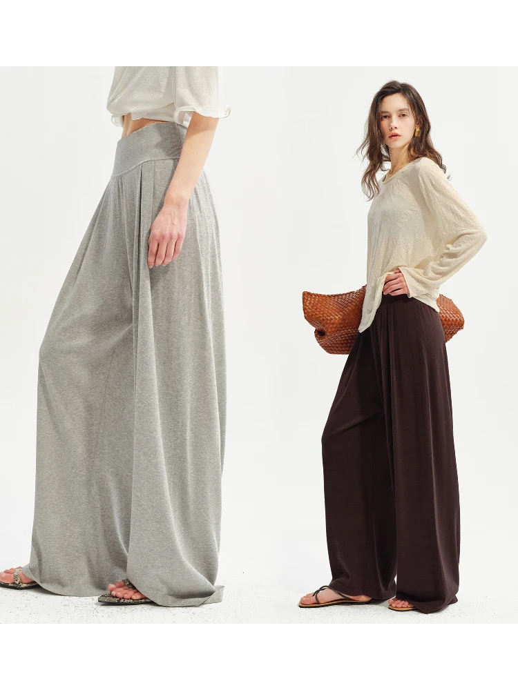 

OWNSONG Ультратонкие трикотажные брюки из ацетатного хлопка с высокой талией, свободные, серые, широкие, женские, летние, повседневные, с плиссировкой