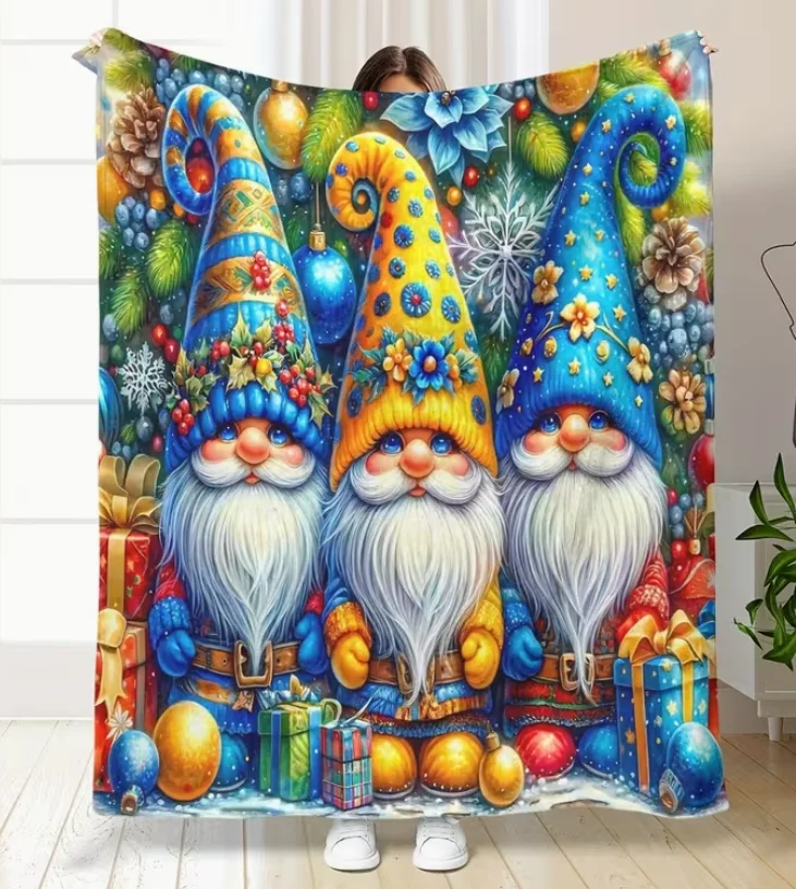 Christmas Cozy Gnome Print Flannel  Throw Blanket Geometric-Pattern Design, All-Season Knitted Soft Skin-Friendly Sofa Shawl