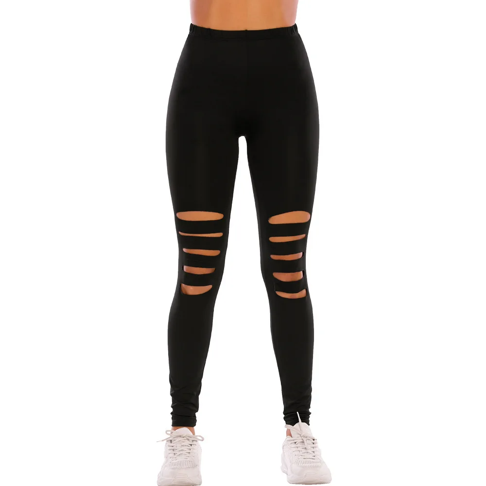 Black Low-Waisted Sheath Ripped Leggings Women's New Black Stretch Ripped Nine-Point Pants With Holes In Front Of Small Feet