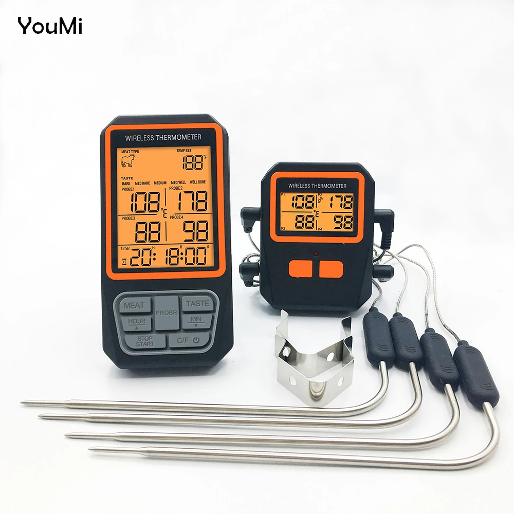 YouMI 4 Probes Backlight LCD Display 100M Wireless Range Digital Kitchen Cooking BBQ Oven Meat Thermometer With Alarm Function