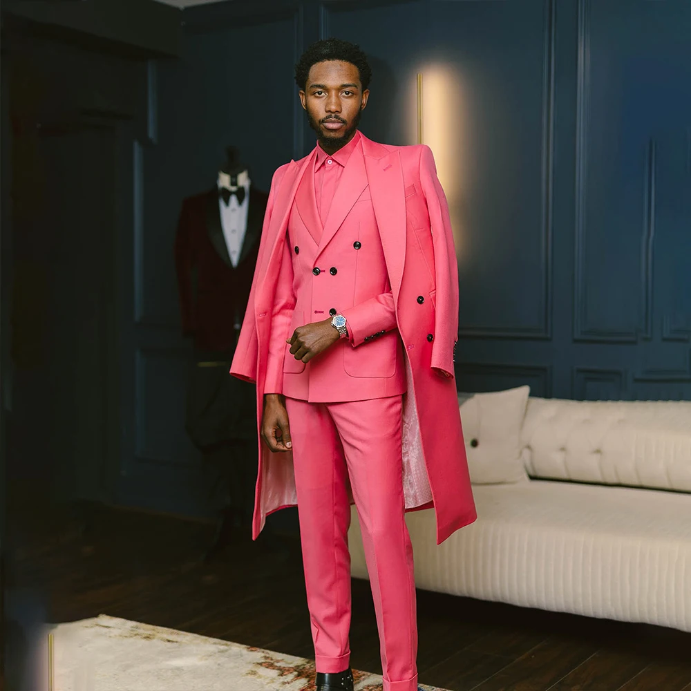 

Red Men's Long Coat 3 Pieces Suit Man Peaked Lapel Double Breasted Prom Dress Customized Evening Dresses for Men blazer Set