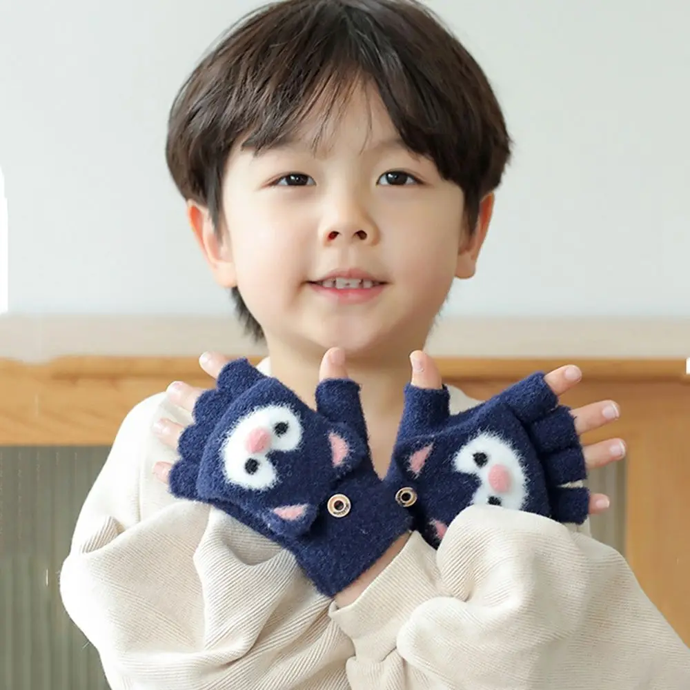 Cute Winter Children Plush Fingerless Cat Ear Children Gloves Flip Cover Gloves Half Finger Gloves Korean Knitted Mittens