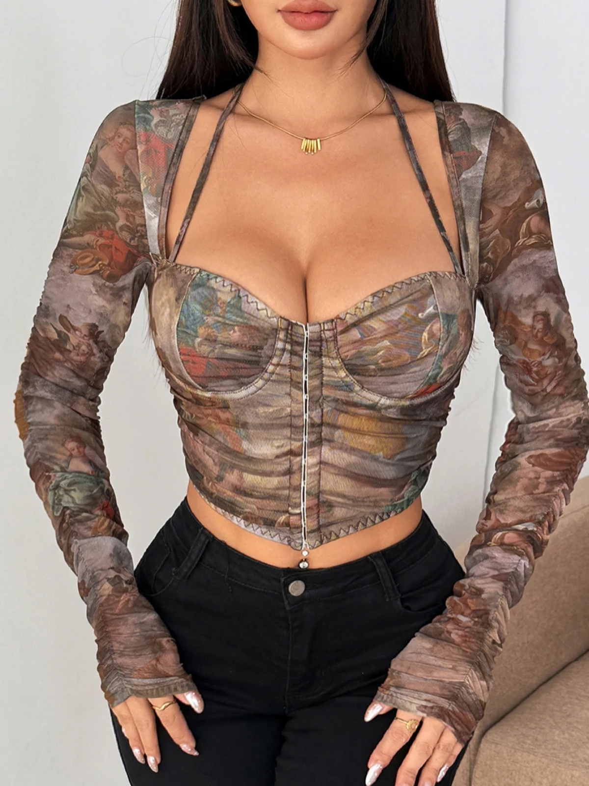 

SsTss 2025 Винтажная футболка с цветочным принтом Топ женский сексуальный прозрачный сетчатый топ с длинным рукавом Холтер с завязками спереди и пряжкой Тонкий укороченный топ Клубная одежда