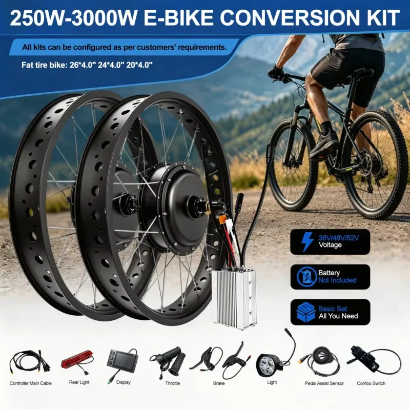 250W-3000W Fat Tire Electric Bike Conversion Kit 26x4.0 24x4.0 20x4.0 Dual Drive Ebike Kit for Snow Beach Bicycle