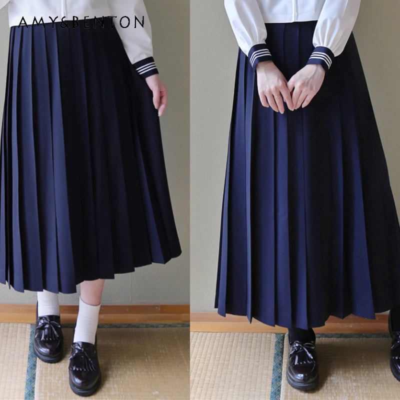 2024 Japanese Jk Uniform Casual Style Summer and Autumn Dark Blue Black A Line Waist Slim Fit Medium and Long Dress For Girls