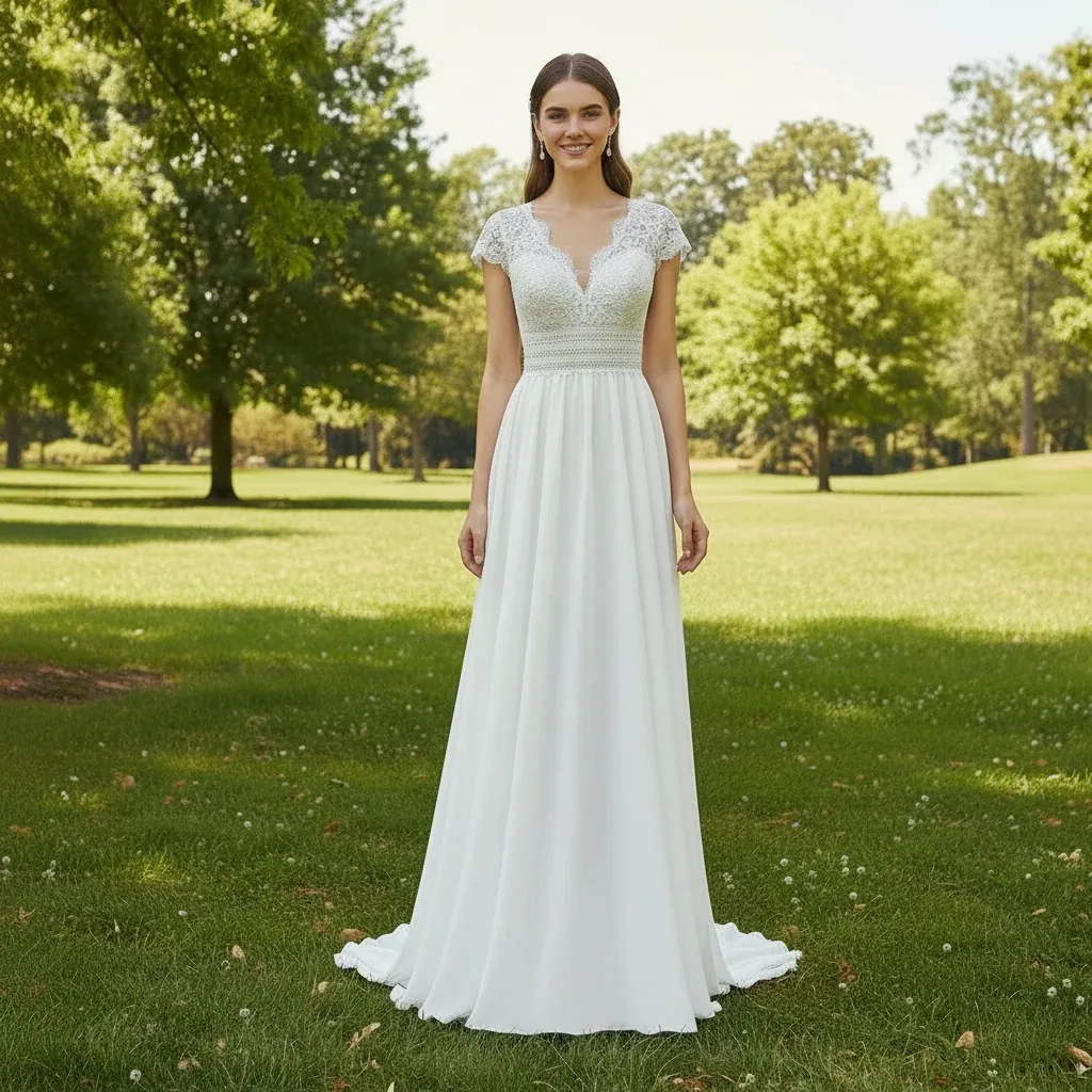 

Rosymae Capped Sleeve Sheath Wedding Dress in Chiffon with Sheer Neck And Keyhole Design for Elegant Brides