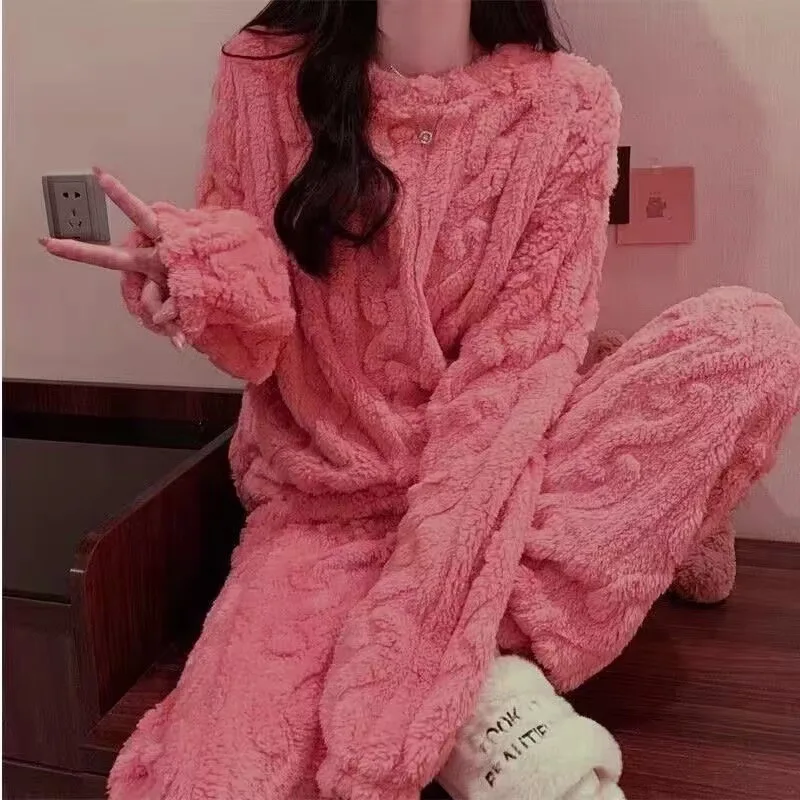 Winter Women Solid Warm 2 Piece Sets Thicken Top And Pants Women Casual Pajama Sets Warm Couple nightwear Sleeping Homewear