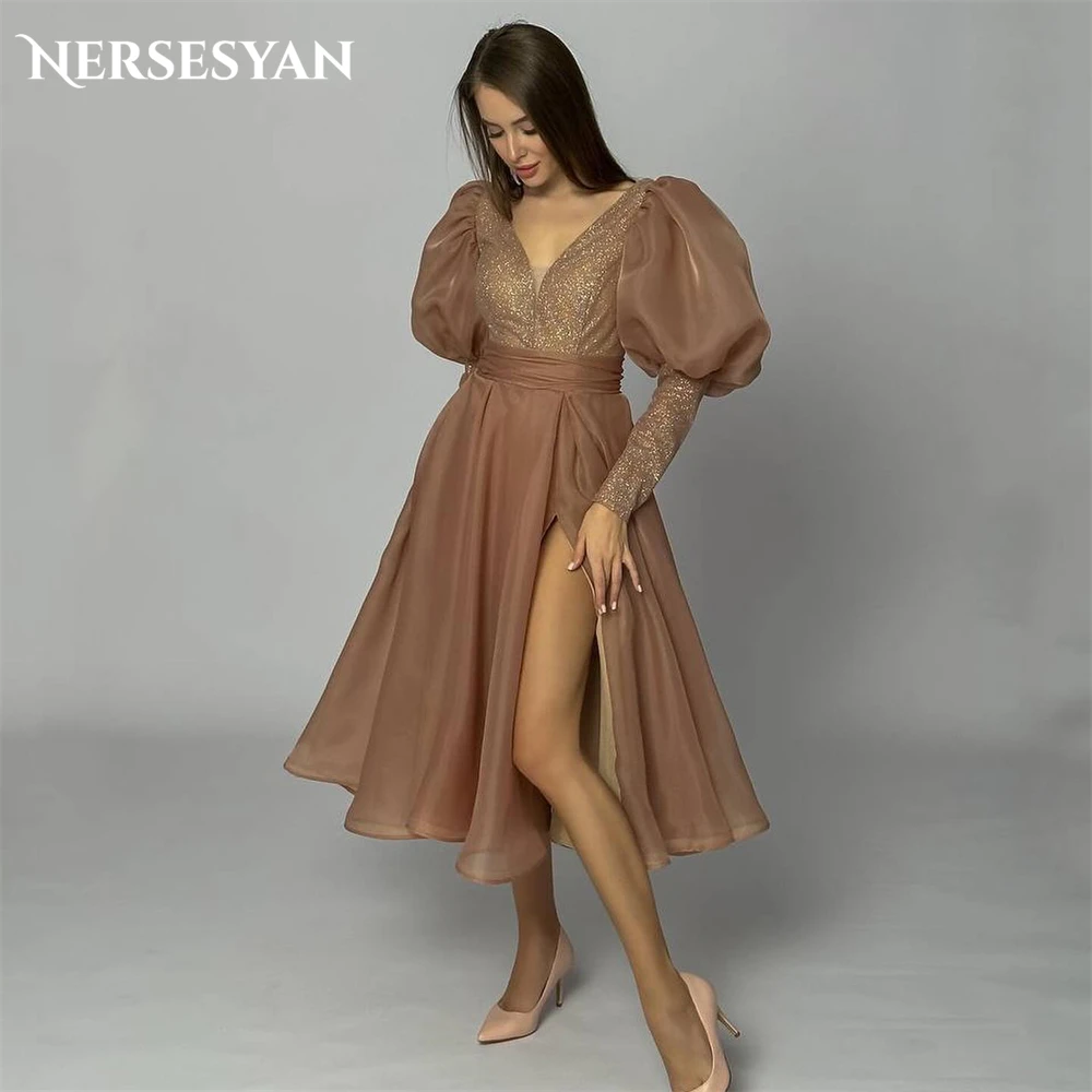 

Nersesyan Brown Glitter Formal Evening Dresses Puffy Sequins A-Line V-Neck Prom Dress Sparkly Side Slit Tea Length Party Gowns