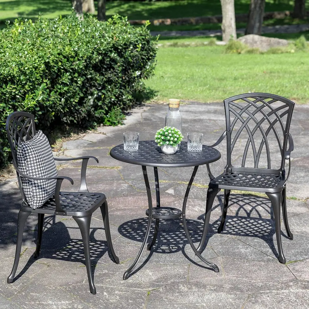 Patio Bistro Sets 3 Piece Cast Aluminum Bistro Table and Chairs Set with Umbrella Hole Bistro Set of 2 for Patio Backyard, Blac
