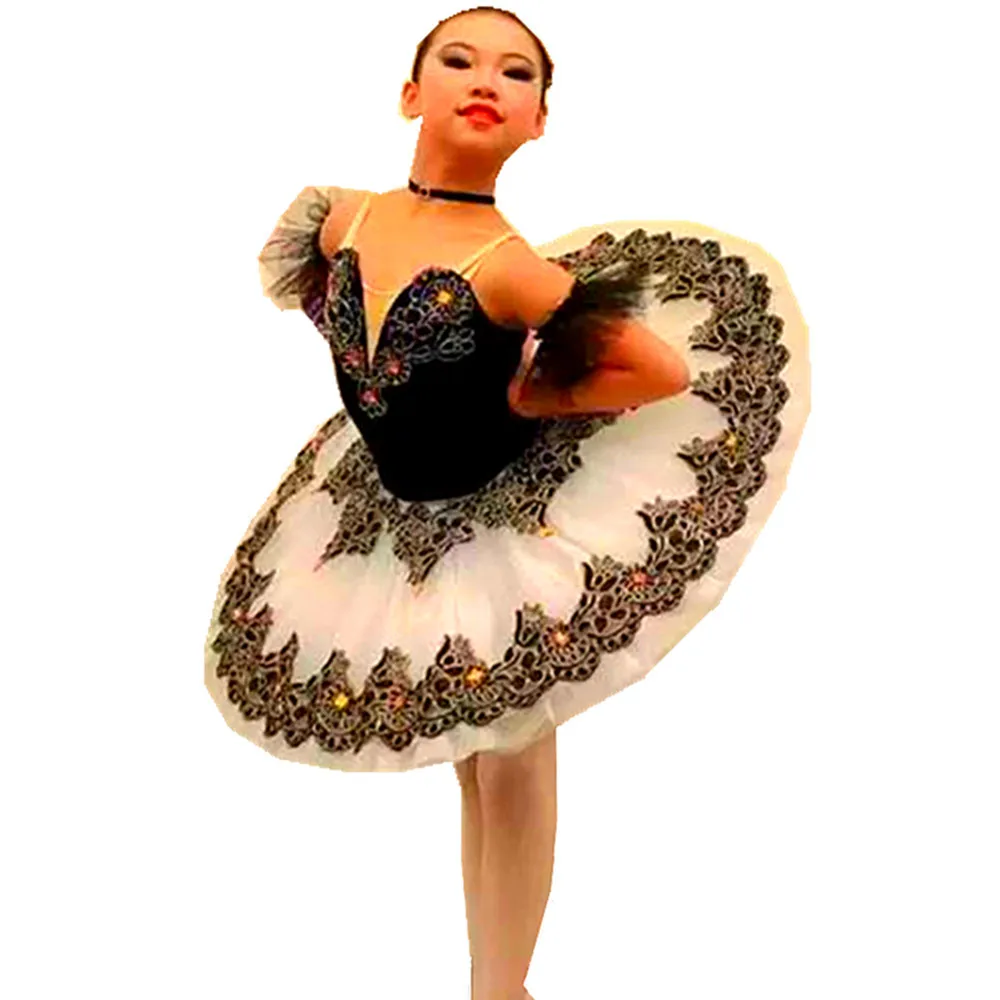 Black Velvet Bodice White Tulle Tutu with Black Applique Decorated Pre-professional Ballet Dance Tutu